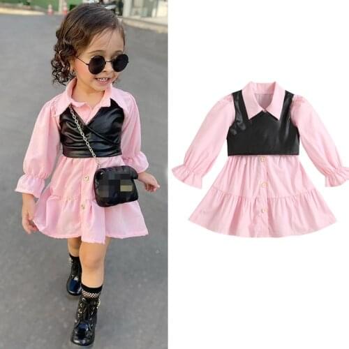 1-6 Y Kids Toddler Baby Girls Dress Button Down Long Sleeve Shirt Dress + PU Leather Vest 2Pcs Girls Clothes Fall Outfits