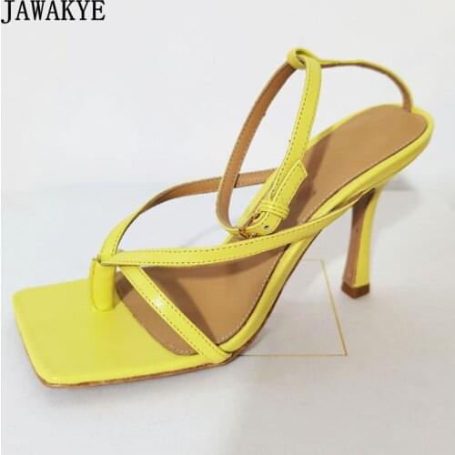 Sexy Flipflop Square Toe Women Sandals High Heel Summer Shoes Ankle Strap Real Leather Simple Sandals Dress Shoes Candy Color