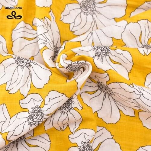 QUANFANG Yellow flowers Pattern Series,Printed Cotton Summer Apparel Fabric Imitation Silk Skirt Dress Shirt Material Half meter