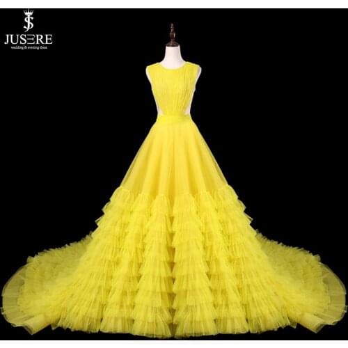 JUSERE Vestido de festa Yellow Evening Dress Long Jewel Neck Sleeveless V-Back Floor Length Formal Party Gowns Evening Dresses