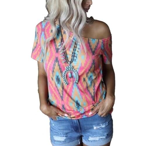 Summer Women T-shirt Vintage Print Short Sleeve Slant Collar Off Shoulder Female T Shirt Streetwear Top Tee Plus Size Tshirt