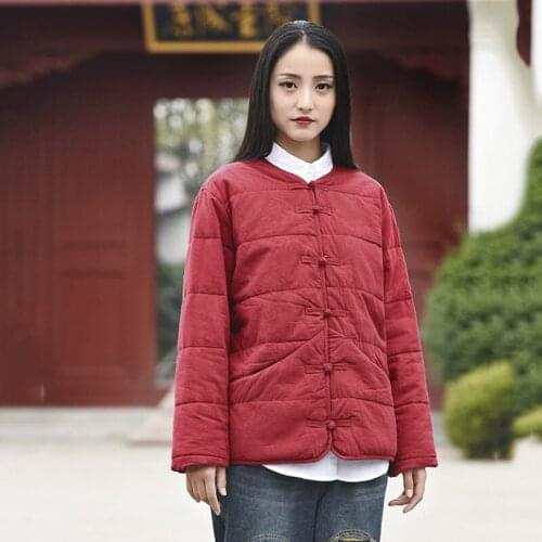Women winter pure linen windbreaker cotton-padded trench coat Chinest style frog thickened cotton-padded clothes