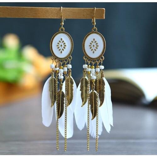 Rice Beads Chain Feather Oval Tassel Earrings For Women White Fringed Leafs Earrings Womens Long Earring Hanging Jewelry New
