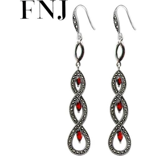 FNJ Black Agate Earrings 925 Silver Red Zircon Original S925 Sterling Silver Long Drop Earring for Women Jewelry MARCASITE