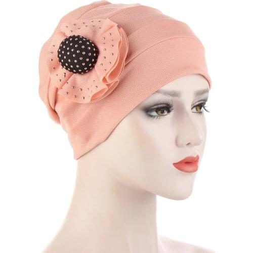 Women Diamonds Flower Turban Caps Ruffle Muslim Headscarf Bonnet Islamic Headwraps India Cap Ladies Hair Accessories Chemo Hat