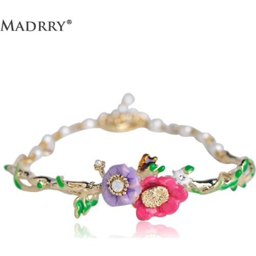 Madrry Flower Shape Bracelets & Bangles For Women Enamel Simulated Pearl Lobster Clasp Jewelry Bracelets Party Daily Accessories