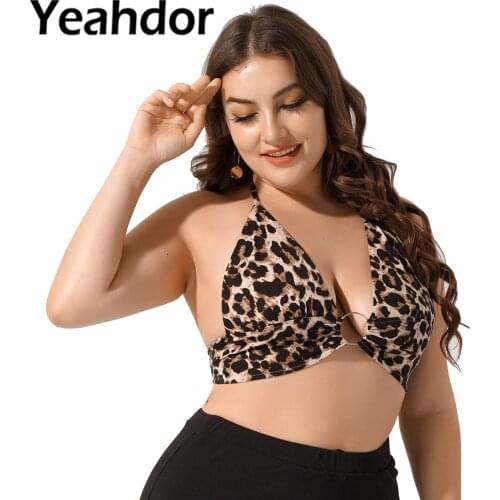 Women Plus Size Swim Tops Leopard Print Triangle Bikini Tops Halter V Neck Backless Metal Ring Linked Crop Top for Beach Party