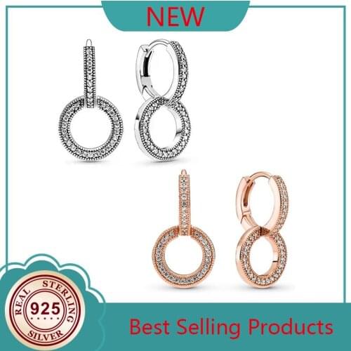 100% 925 Silver New Charm Shining Double Ring PAN Earrings Suitable For Womens Wedding Gifts Festival Diy Charm Jewelry