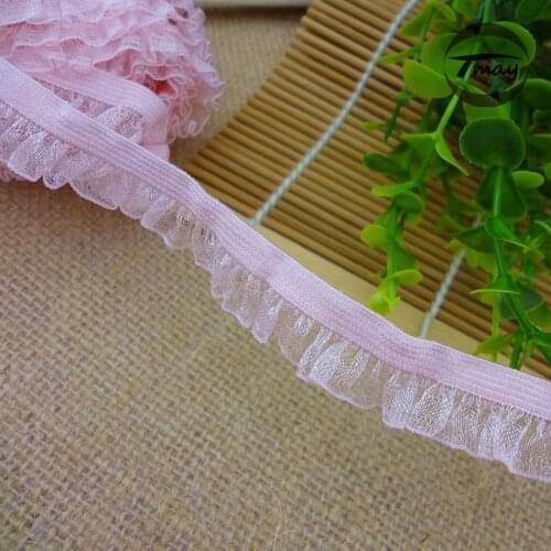 #1020 pink ruffle lace trim 13MM 6yards/lot elastic lace Fold Chiffon Yarn Lace hair Elastic bands Gauze Ruffles DIY Clothing