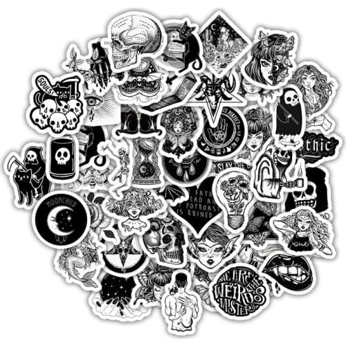 50pcs Black and white gothic Sticker Waterproof Suitcase Bike Motorcycle Helmet Car Styling Accessories Stickers