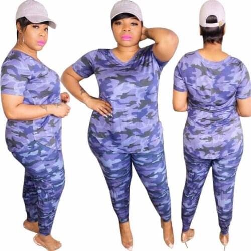 5XL Big Size Sets Clothing Women Summer Large Size Short Sleeve V Neck T-Shirt+Camouflage Long Pant Suits Plus Size Fat MM