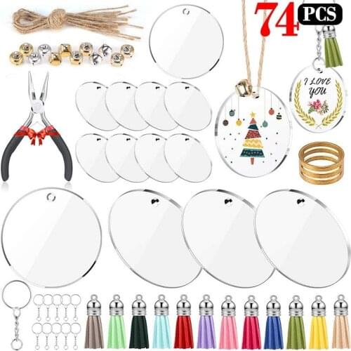 74Pcs/Set Acrylic Transparent Circle Discs Clear Acrylic Keychain Blanks Tassel Pendant Keyring Set for DIY Project Crafts