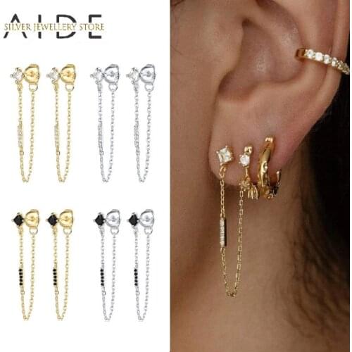 AIDE Exquisite Zircon Stud Earrings for Women Fashion INS Long Chain Back Hanging Piercing Earings Silver 925 Jewelry kolczyki