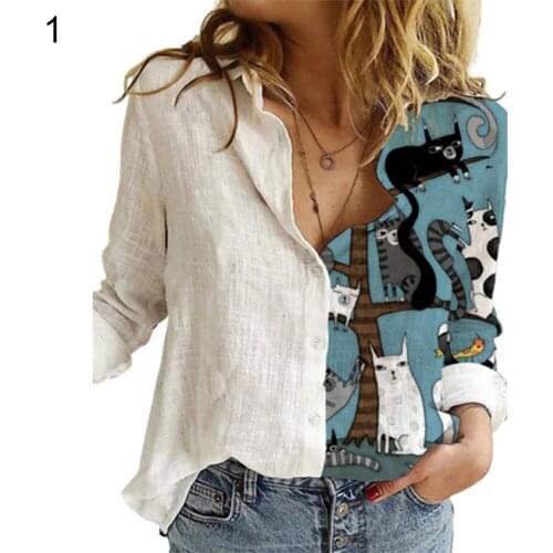 Fashion Women Buttons Long Sleeve Sunflower Cats Patchwork Blouses Office Shirt