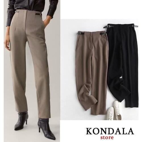 KONDALA Womens Pants Office Lady Za 2020 Sashes Zipper High Waist Pants Female Ankle-Length Straight Autumn Winter Thick Pants