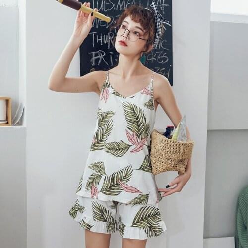 BZEL Leaves Printed Pajamas Set Comfort Cotton Sleepwear Women Casual Home Wear Spaghetti Strap Pijamas Elegant Loose Pyjama 2PC