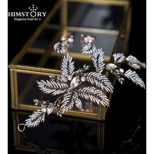 HIMSTORY Bronze Gold Leaf Flower Crystal Bridal Headpiece Wedding Hairband For Women Bride Headdress Accessories