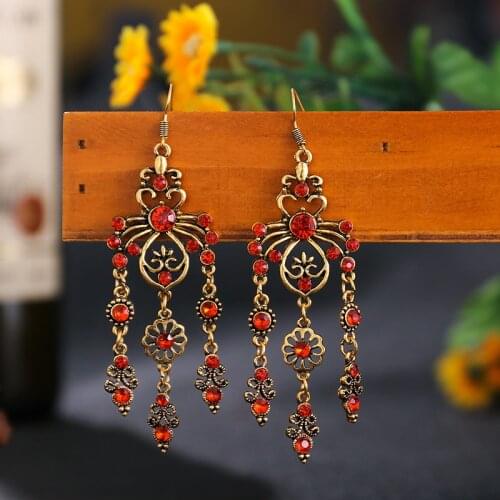 Classic Womens Baroque Red Crystal Earrings Ethnic Gold Alloy Flower Tassel Dangle Earrings Tibetan Jewelry