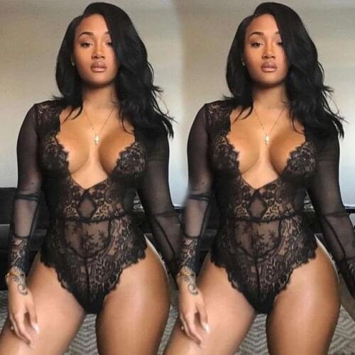 New Arrival Autumn Women Sexy Deep V-neck Bodycon Romper Transparent Mesh Long Sleeve Jumpsuit See Through Lace Sheer Bodysuits