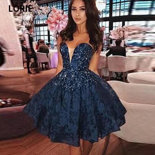 LORIE Short Prom Dresses Lace with Beading Formal Beach Party Gown V-neck Sexy Open Back Dress for Teens