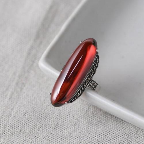 FNJ MARCASITE Statement Ring 925 Silver Adjustable Original S925 Solid Silver Rings for Women Jewelry Red Zircon Green Agate