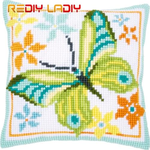 Cross Stitch Cushion Cover Green Butterfly Pillow Case Pre-Printed Canvas Thick Yarn Cross-stitch Kit Needlepoint Art and Crafts