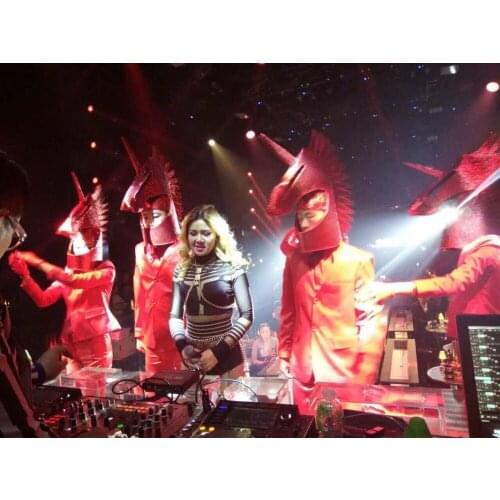 Future technology Red glossy leather horse head headdress singer DJ guest costume Halloween cosplay red suit stage dance wear