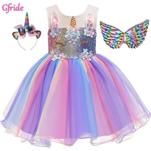 New Summer Unicorn Rainbow Costumes Dresses Princess Girls Headband Wings Kids Tutu Disfraz Dress Fancy Birthday Party Clothes
