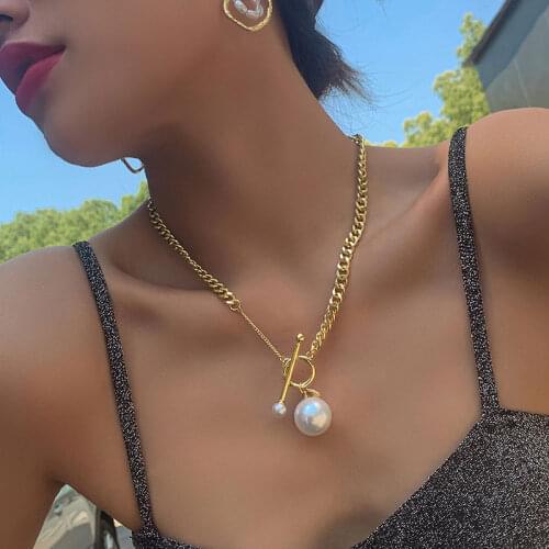KMVEXO Big Simulated Pearl Pendant Necklace for Women Asymmetric Chains Toggle Necklaces Collares Punk Goth Jewelry Girls Gift