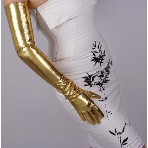 Womens patent pu Leather golden Long gloves female ultra long fashion long leather party dress gold glove 70cm R975