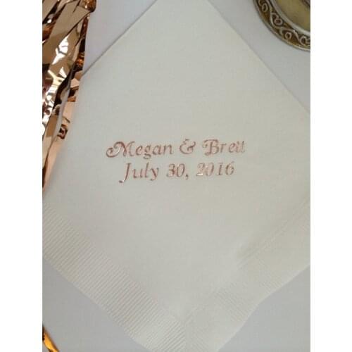 Personalized Napkins Rose Gold Foil Wedding Anniversary Custom Monogram Printed Cocktail Beverage Luncheon Dinner Guest Towel