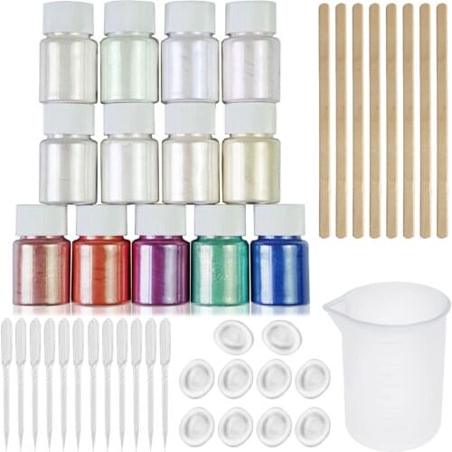 13 Colors Colorant Pigments Mica Pearl Powder w/ Measuring Cup 3ml Dropper Mini Stirring Spoon Finger Cots for DIY Craft Slime