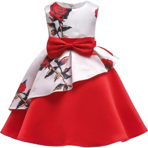 Girls Printed Rose Dress Elegant Baby Girls Dresses For Kids Clothes Wedding Party Princess Ball Gown Birthday Evening Dress