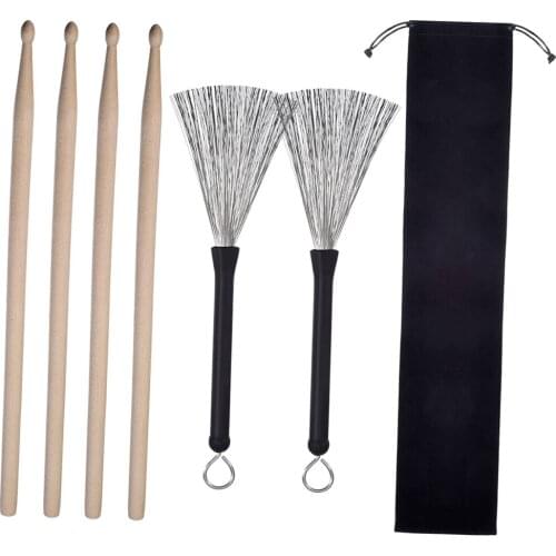 Durable 1 Pair Retractable Drum Brush 2 Pair 5A Drum Sticks Mallet 1pc Storage Bag for Drum Player