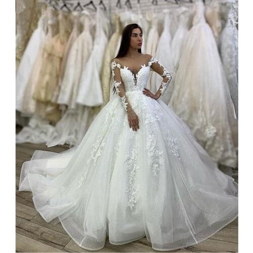Luxury Ball Gown Wedding Dresses 2021 Women Long Sleeves Illusion Robe De Mariage Lace Appliques Princess Long Bridal Dress