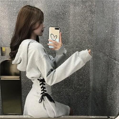 Ruibbit New Arrival Spring Autumn Hooded Dresses Women Sides Lacing Up Retro Dress Black gray Casual Mini Student Short Dress