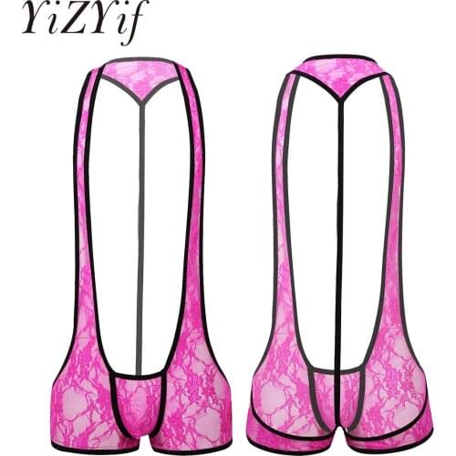 Sexy Mens Undershirts Sheer Lace Bodysuit One-Piece Leotard Clubwear Wrestling Singlet Gay Front Bulge Pouch Open Butt Jumpsuits