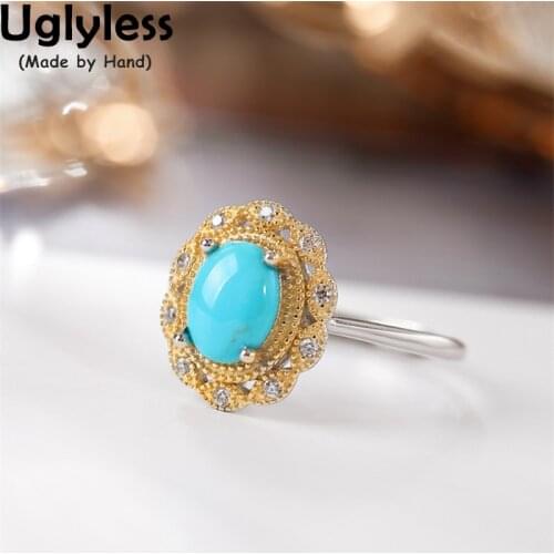 Uglyless Exotic Bohemia Jewelry for Women Nature High Porcelain Turquoise Rings 925 Silver Ethnic Vintage Jewelry Crystal Bijoux