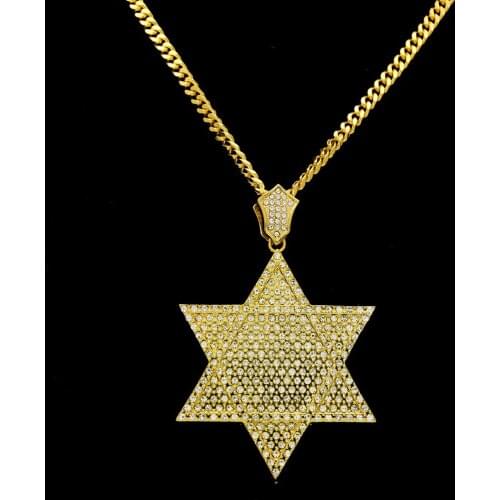 Hip Hop Full Rhinestones Paved Bling Ice Out Big Star of David Hexagram Pendants Necklace for Men Jewelry Gold Color