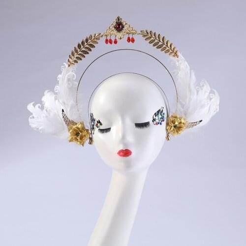 Vintage Goddess of the Sun KC Crown Antique Feathers Wings leaves Headband Halo Crowns Lolita Hair Accessory For Dame