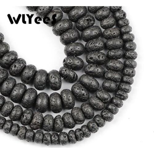 WLYeeS 6 8 10mm Natural Black Volcanic Lava Stone Flat Round Loose beads for DIY Bracelet Handmade Jewelry making accessories