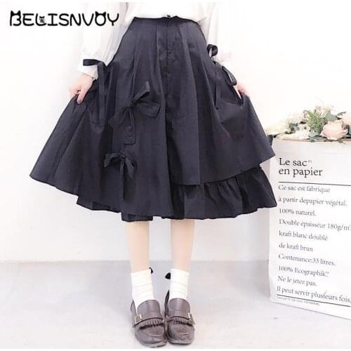 Japanese Girl Lolita Bow Tie Irregular Skirt Preppy Style Gothic Black Tiered A-line Skirts Harajuku Women Kawaii Cosplay Skirts
