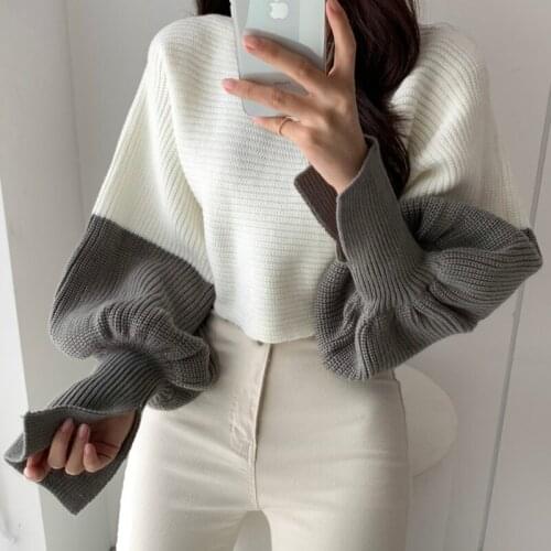 ZCSMLL One-line Collar Design Contrast Color Slit Lantern Sleeve High Waist Short Knit Sweater Women Korean Spring Autumn Tops