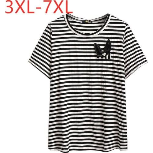 New 2021 Ladies Summer Plus Size Tops For Women Large Short Sleeve Loose Cotton Black White Stripe T-shirt 3XL 4XL 5XL 6XL 7XL