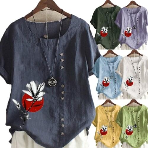 New Summer Fashion Vintage Shirts & Tops Women Loose Casual Shirts Short Sleeve Flower Printed T-shirt Print Blouse Plus Size
