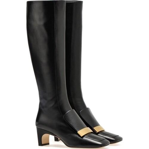 Golden Sheet Metal Woman Knee High Boots Ladies Square toe Chunky Low Heels Female Side Zipper Black Leather Knight Boots