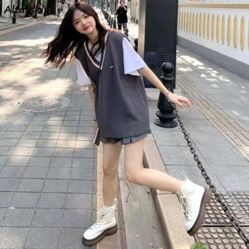 Sweater Vest Women Harajuku Simple Teen Girls Loose Sleeveless Spring Autumn Couples All-match College Fashion Plus Size Vintage