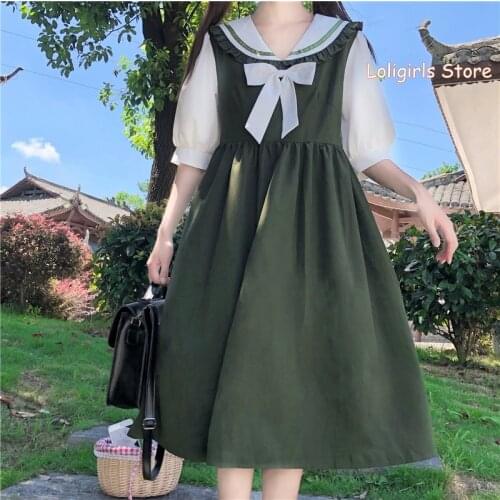 Women Literary Small fresh Casual Dress Teen Girls Student 2020 Summer New Retro Loose Navy Collar Bowknot Princess Dress Korean