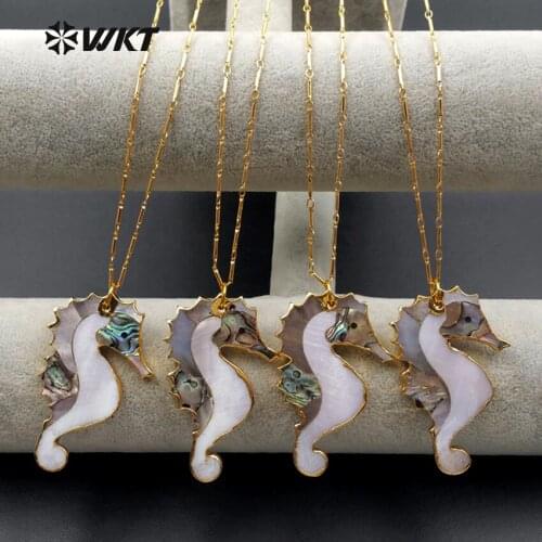 WT-N1069 WKT Natural Shell Pendant Necklace With Brass Chian Necklace Sea Horse Shell Necklace Women Fashion Jewelry Necklace