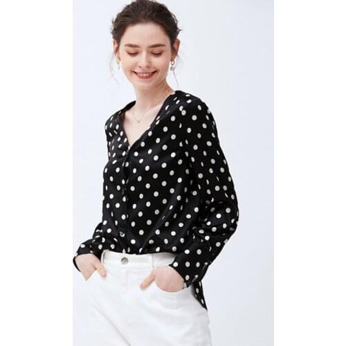 Wave point 100% real elastic lady silk shirt 16mm silk overshirt female new style V-neck shirt with long sleeve bottoming top